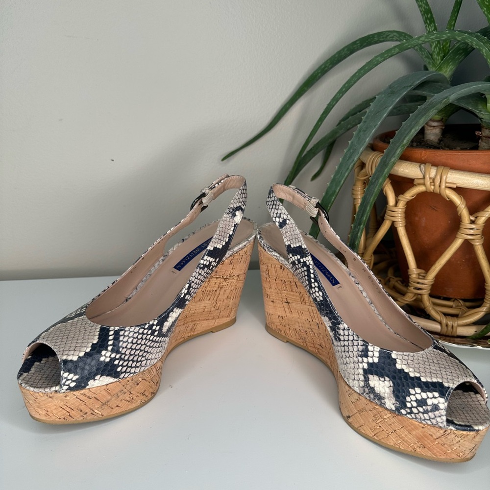 Stuart Weitzman Snakeskin Leather Cork Wedge Heels 8 | Peep Toe Slingback - Picture 3 of 13